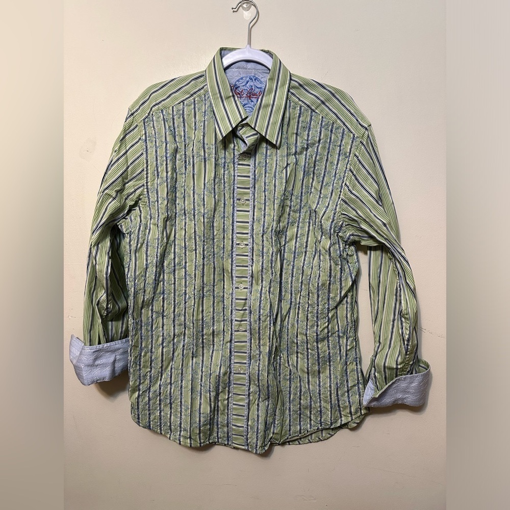 Robert Graham green‎ Paisley Striped Long Sleeve Flip Cuff Embroidered Size XL
